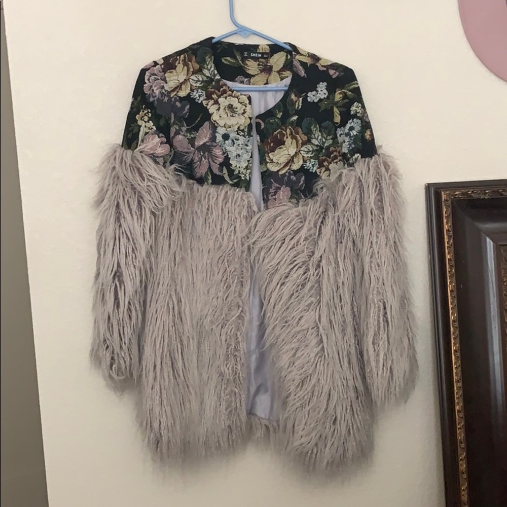 Shein faux fur coat with floral top half